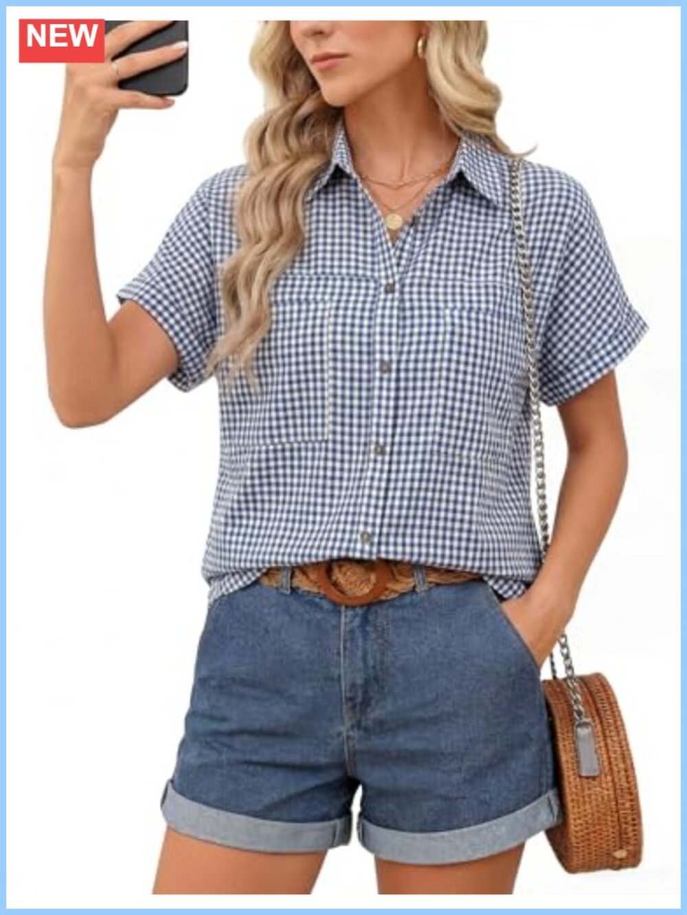 Womens Button Down Shirts Short Sleeve Summer Gingham with Pockets